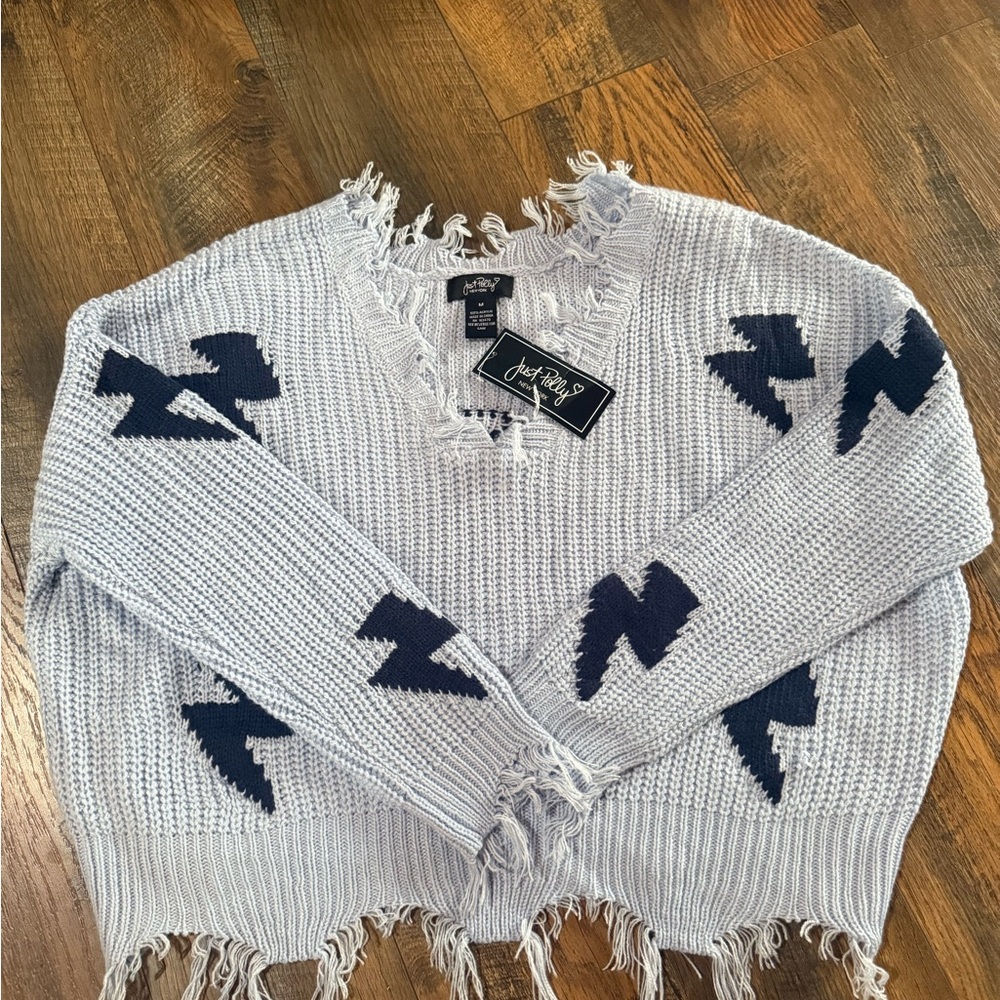 Gray and Blue V-Neck Sweater with Distressed Design